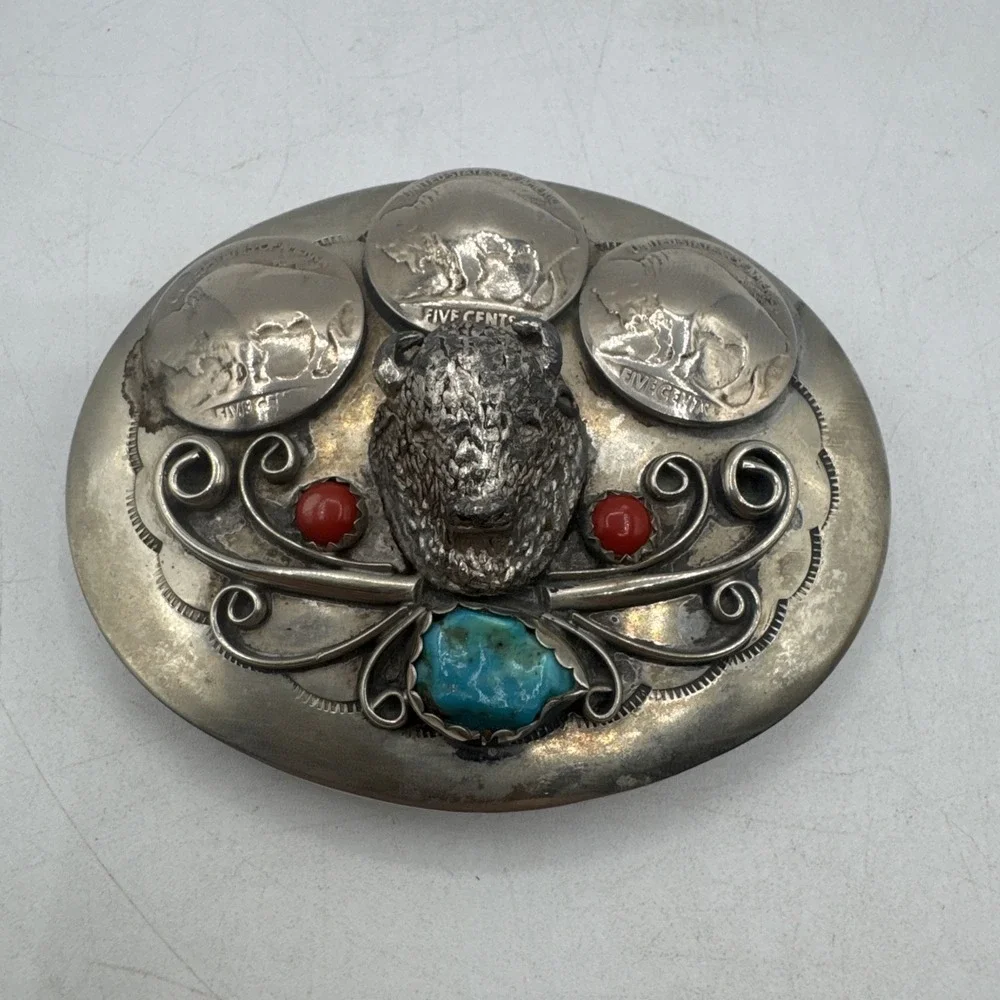 Buffalo Nickel Cent Native American Indian Turquoise & Coral Stones Belt Buckle